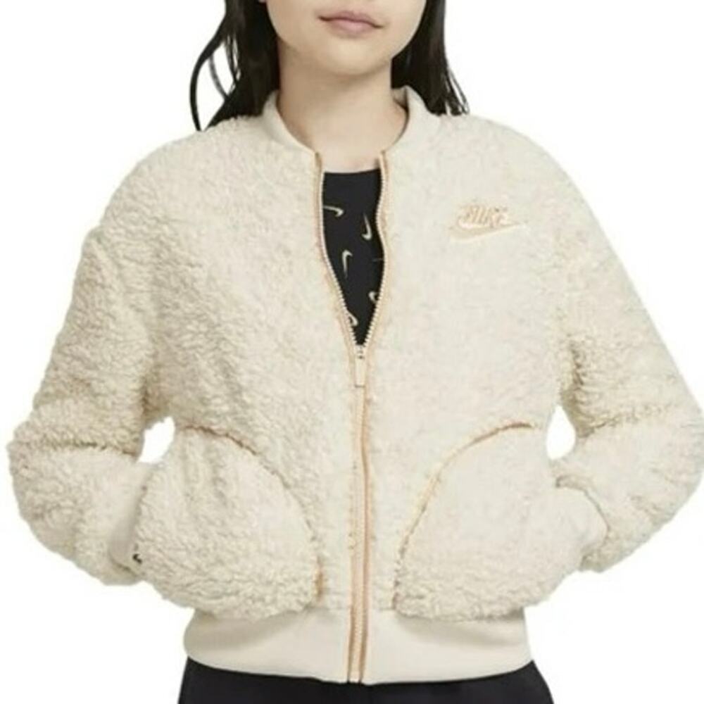 Nike Girls Bomber Jacket sz L Nike High Pile Fleece Shine Bomber Jacket Cream